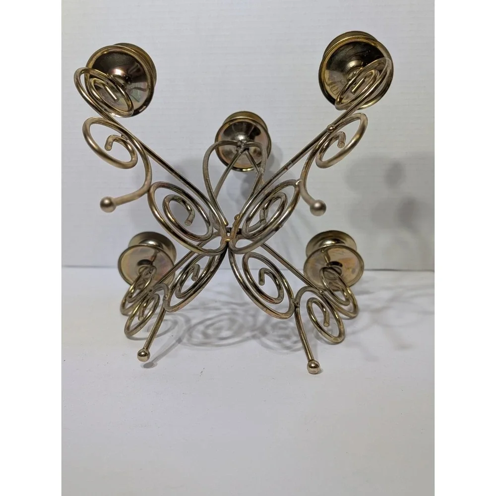 Vintage Gold Tone Brass 5 Arm Candelabra Scroll Candle Stick Holder 11x9